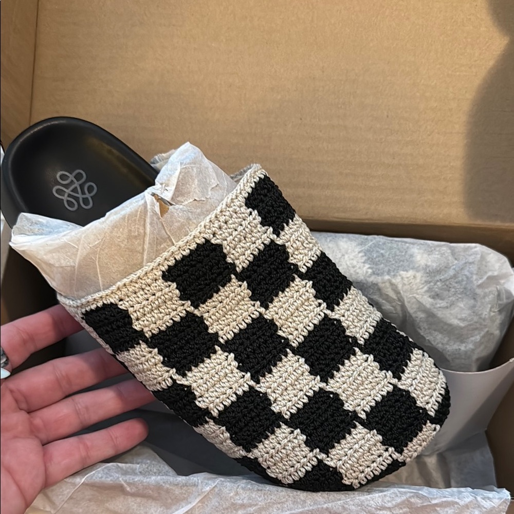 The Sak Black and Cream Crochet Checkerboard Mules